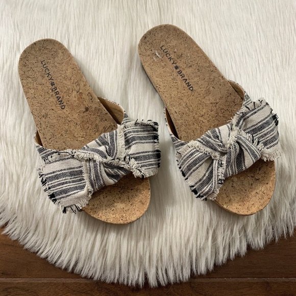 Lucky Brand Size 6 M Black Stripe Fabric Bow Cork Floritan Slip On Sandal Flats - Picture 1 of 9